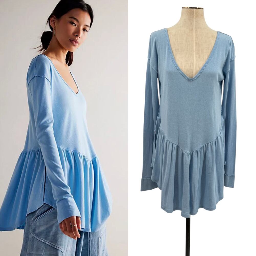 Free People We The Free Rose Petal Tee Shirt Long Sleeve Blue Size Large